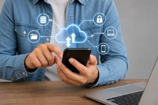 Person using a smartphone with glowing cloud storage and data synchronization graphics overlay
