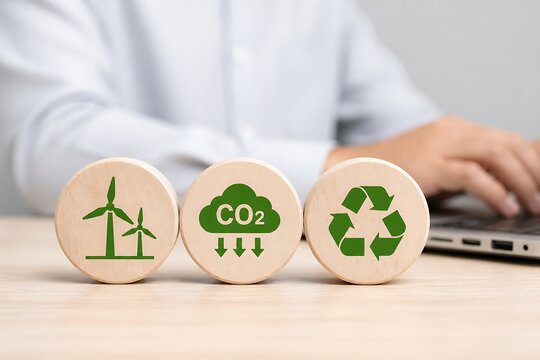 Wooden blocks with green environmental icons representing sustainability and climate action
