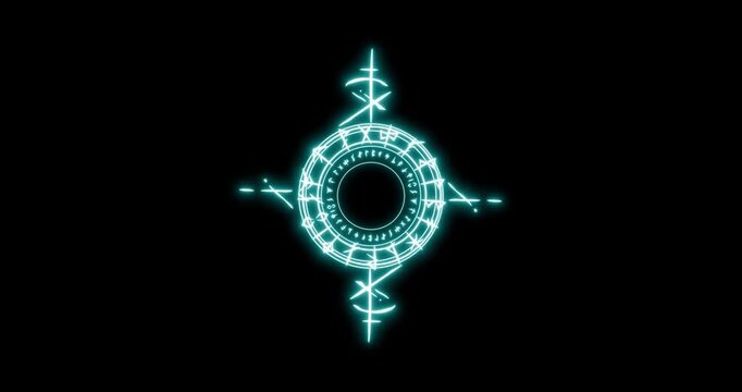 Glowing occult circular sigil with large and small mystical runes rotating in opposite directions, illuminated in cyan against a black background, creating an arcane fantasy atmosphere.