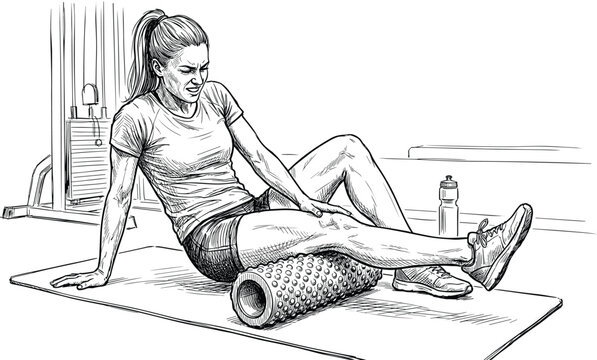 Athlete massaging tight hamstring muscles with high density foam roller sketch.