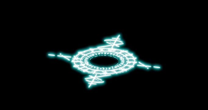 Glowing occult summoning circle tilted toward the viewer with mystical runes and symbols rotating continuously, featuring a subtle static glitch effect and cyan illumination against a dark background.