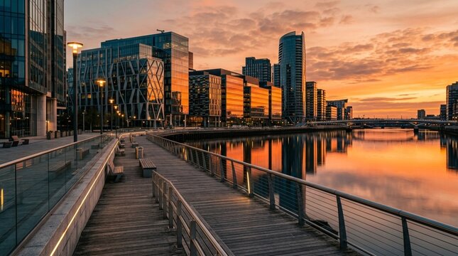 Modern Cityscape at Sunset with River Reflection and Sky Colors