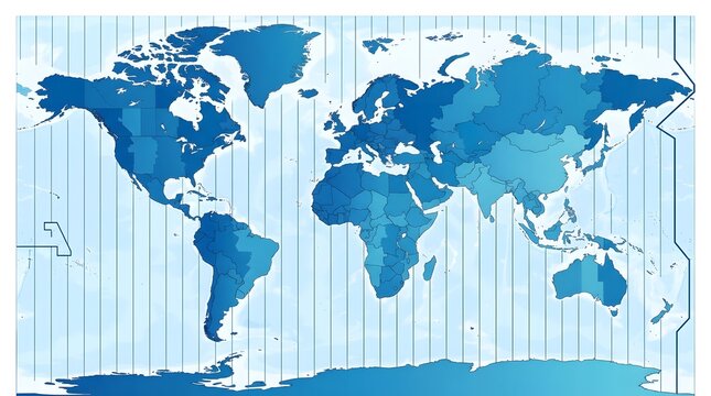 World map displaying global time zones with vertical lines and blue color gradients, representing international time differences across various countries and regions on earth