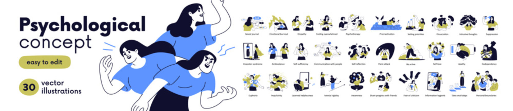 Psychology and mental health concepts set. Mind and psychology disorders. Woman characters wellbeing, self-love, therapy and empathy. Mental health wellbeing concepts. Flat vector illustrations