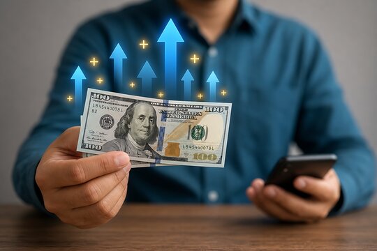 Business man holding hundred dollar bill with glowing blue upward growth arrows and mobile phone