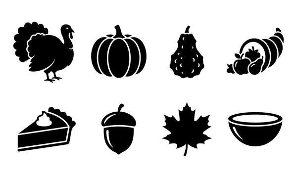 Holiday icon set featuring turkey pumpkin cornucopia pie acorn and maple leaf in flat black vector style