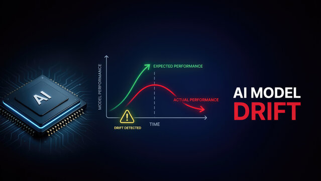 A 3d rendered computer processor chip next to an ai model performance chart illustrating data drift on a dark background with divergence between expected sits