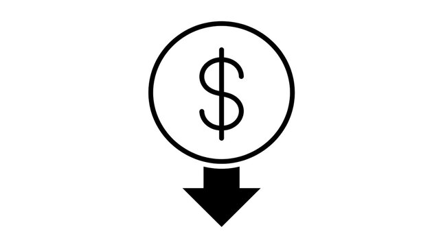 Dollar Down Arrow Icon. Currency Decrease And Financial Reduction Symbol. Money Savings Concept. Minimal Vector Illustration