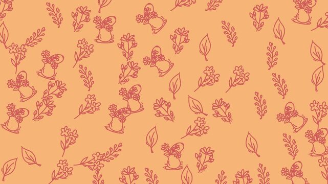 floral motifs pattern autumn white seamless looping right to left white , small mice, and vibrant orange background.