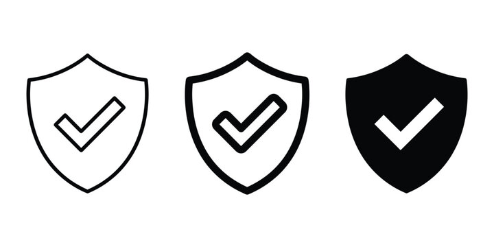 Shield check mark icon line art vector, bold outline and silhouette design