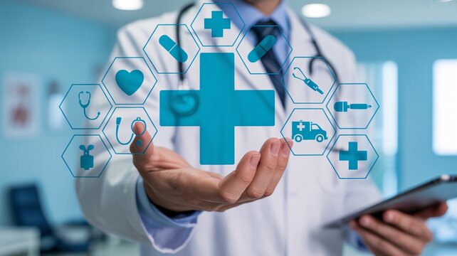 Professional Doctor Holding Digital Healthcare Icons for Modern Medical Technology and Telemedicine Concepts
