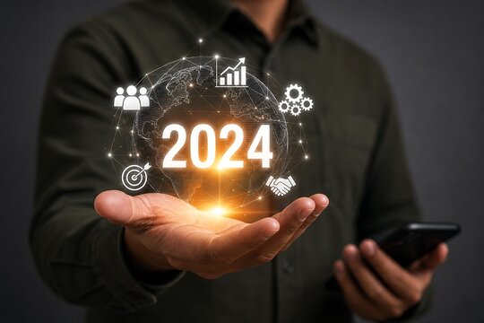Businessman holding a glowing 2024 new year future projection and business icons in hands