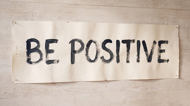 Handwritten be positive message on banner over wood background