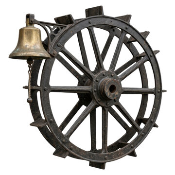 Isolated antique water wheel with a hanging brass bell and rustic metal texture.