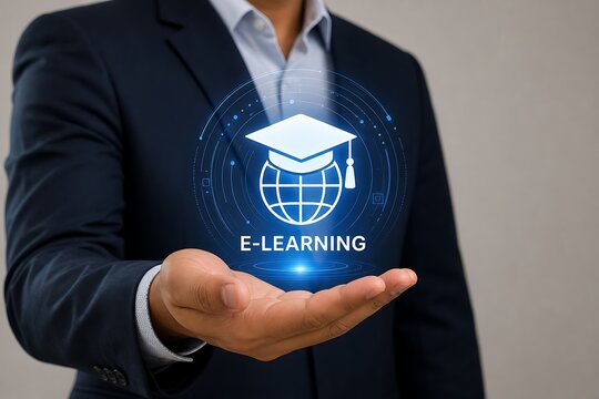 Businessman holding a glowing elearning graduation cap and globe icon symbolizing education