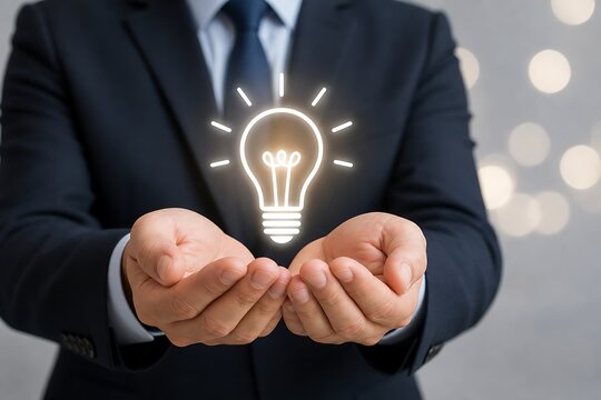 Businessman holding glowing light bulb graphic representing idea and innovation concept