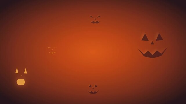 A clean, atmospheric Halloween motion background where playful and spooky jack-o'-lantern faces continuously emerge, glow, and fade back into the darkness in a seamless loop.