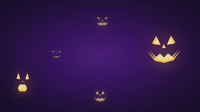 A deep purple atmospheric Halloween background where bright golden-orange glowing jack-o'-lantern faces emerge, drift, and fade back into the darkness in a seamless loop.