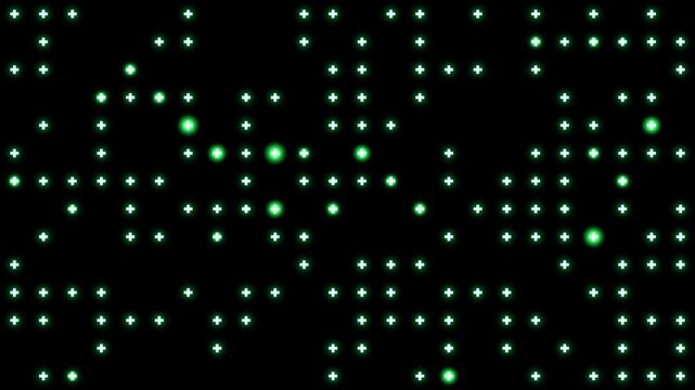 A mesmerizing pattern of glowing green dots, reminiscent of a digital matrix or a starfield, creates an abstract and futuristic background.