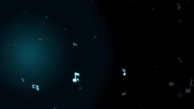 Abstract background with glowing blue musical notes floating in dark space, creating a mesmerizing and artistic atmosphere.