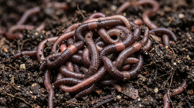 Close up image of earthworms moving together in dark soil environment