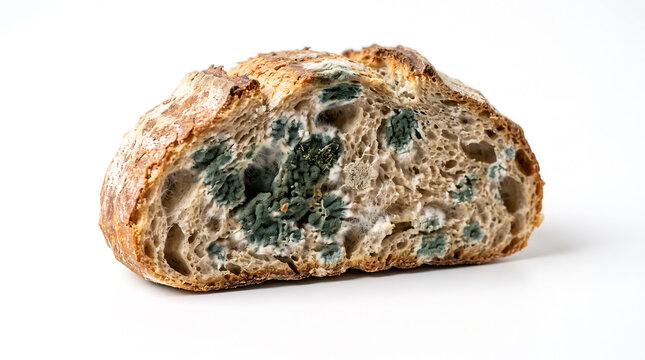 Close up view of moldy bread with greenish blue spots inside loaf