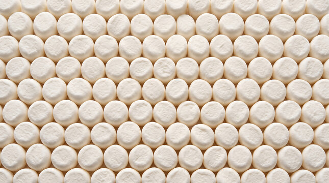 Close up view of neatly arranged round white marshmallows on transparent background