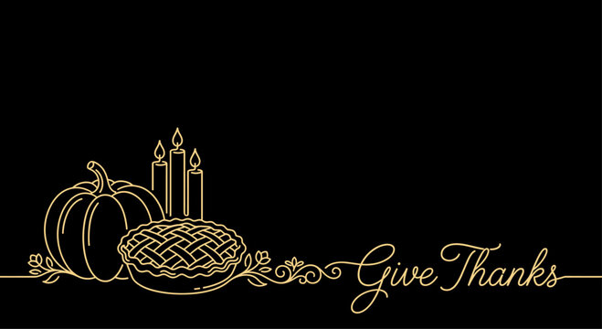 Luxury Gold Thanksgiving Line Art Banner with Pumpkin Pie, Burning Candles and Give Thanks Calligraphy, Elegant Black Harvest Background with Copy Space