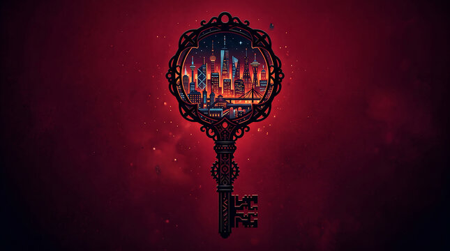 Mysterious antique key featuring illuminated futuristic city inside ornate frame design