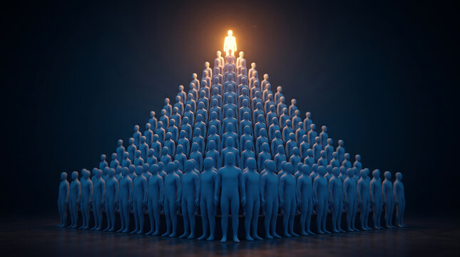 Pyramid shaped human figures with illuminated figure at the top