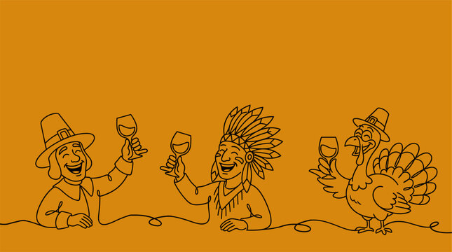 Happy Pilgrim Native American and Turkey Toasting Wine Glasses Continuous Line Art, Thanksgiving Friendship Unity Banner with Copy Space
