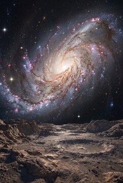 Spiral galaxy above rocky terrain