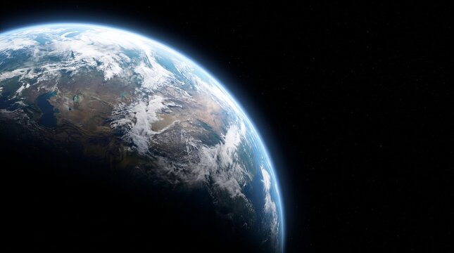 Planet Earth from orbit with a blue atmospheric glow and black copy space