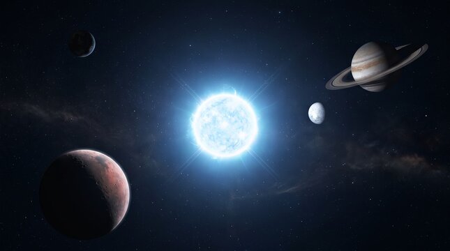 Planetary system around a bright blue star with cratered and ringed worlds
