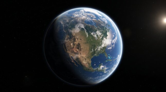 Earth seen from space showing North America in sunlight beside a bright sun