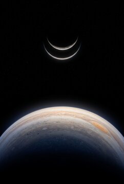 Jupiter with its red storm spot beneath two thin crescent moons