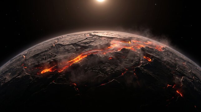 Volcanic planet with glowing lava fissures cracking its dark crust