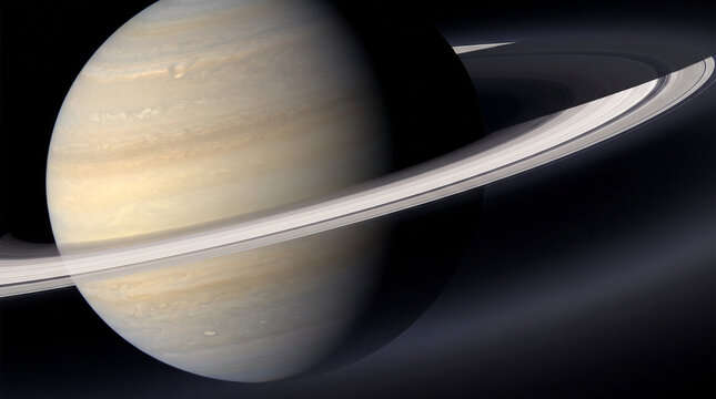 Close-up of Saturn with its bright ring system crossing the planet