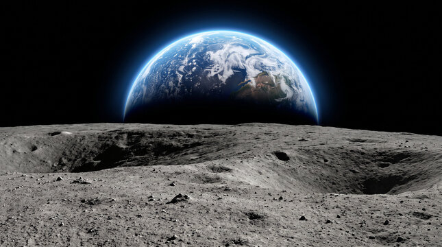 Earth above a cratered lunar horizon