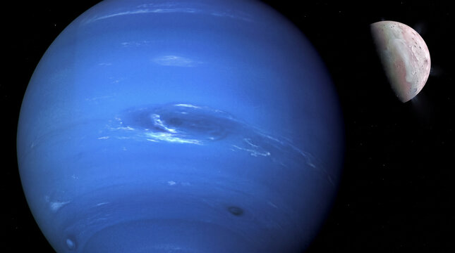 Blue cloud bands of Neptune with a pale cratered moon at the edge
