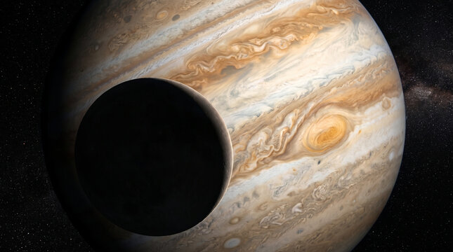 Moon silhouette against Jupiter bands