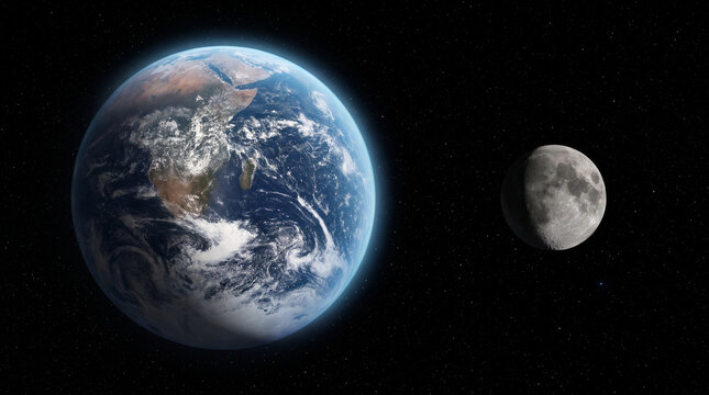 Earth and Moon side by side against a black starry sky