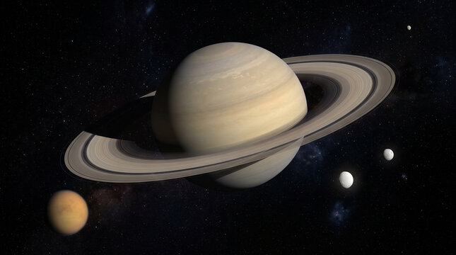 Saturn and its ring system with the orange moon Titan and smaller icy satellites