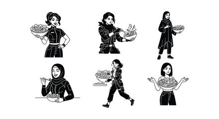 Fototapeta premium Women holding bowls of food black and white vector illustration