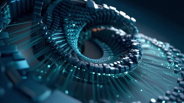 Abstract digital helix structure with glowing blue particles and lines. Intricate 3D rendering of a swirling, metallic helix shape adorned with luminous blue dots