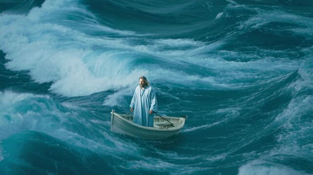 Jesus in boat navigates stormy ocean waves, showcasing themes of perseverance and the human spirit against overwhelming natural forces