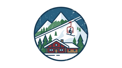 Obraz premium Vintage winter ski resort badge featuring mountain lodge and lift