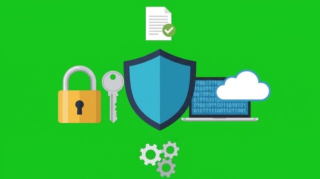 Connected server network with glowing nodes and lines, digital security on green screen