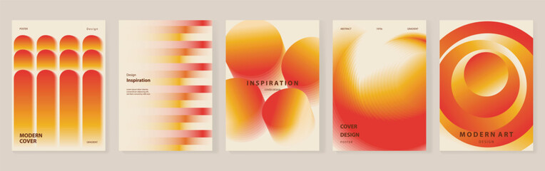 Naklejka na ściany i meble Warm Gradient Cover Vector Set with Orange Red Geometric Arches, Soft Blurred Forms, Modern Abstract Cards and Minimal Editorial Templates