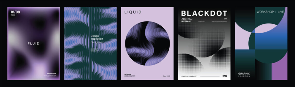Creative Gradient Poster Vector Set with Purple Black Fluid Blurs, Organic Geometry, Futuristic Shapes and Experimental Editorial Covers